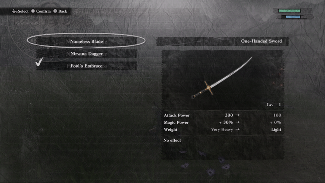 The Nameless Blade is Nier Replicant's starting weapon.