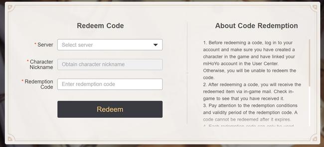 The official Genshin Impact website as it should appear when redeeming codes for Primogems, Mora, and other bonuses.