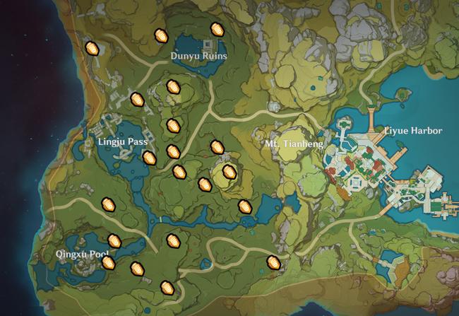 Locations for farming Cor Lapis at Qingxu Pool, Lisha, and Lingju Pass.