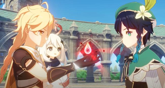 The Traveler, Paimon, and Venti in Genshin Impact.