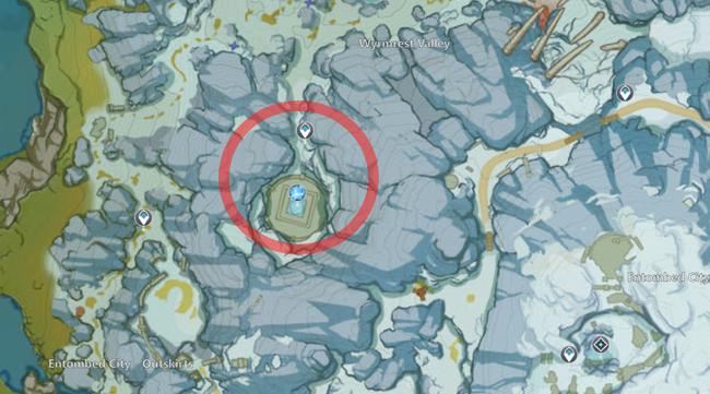 A map of Mondstadt, with the area you can find Cryo Regisvine circled in Genshin Impact.