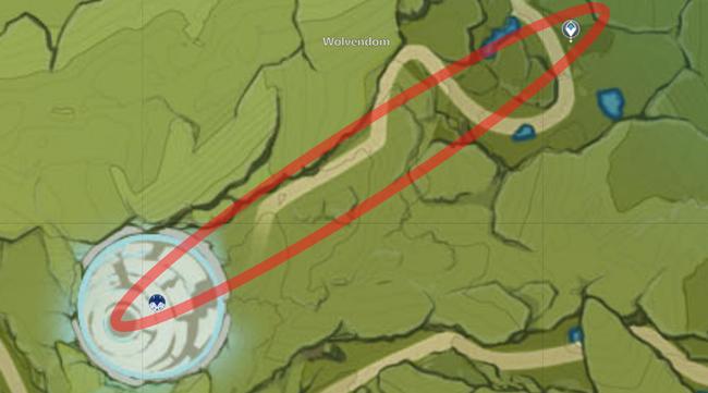 Mondstadt's map with a circle outlining the best way to reach the Wolf of the North weekly boss, Andrius.