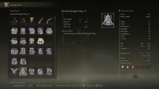 Spirit Ash Summons in the Elden Ring equipment menu.