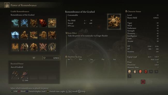 A full set of Remembrances in the menus of Elden Ring, waiting to be used.