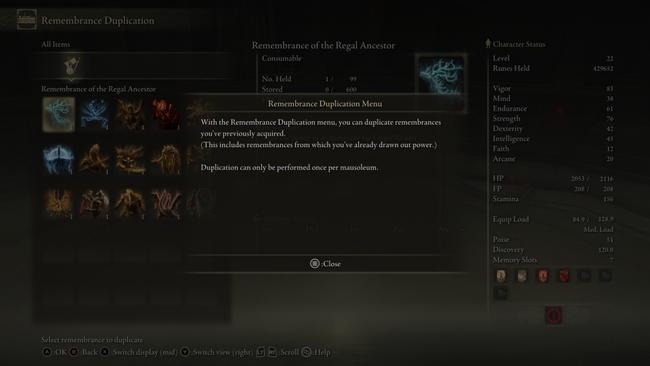 The Remembrance Duplication menu, which is used to get additional copies - but in a limited fashion.