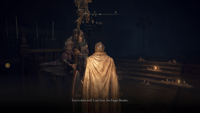 Finger Reader Enia in Elden Ring, the NPC used to trade in Remembrance items.