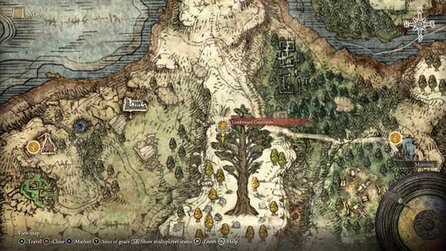 The location of the Tombsward Catacombs, the Elden Ring dungeon where you can unlock the Lhutel Summon.
