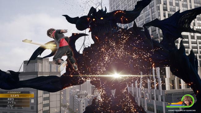 A screenshot of Kingdom Hearts IV; Sora battles a large Heartless.