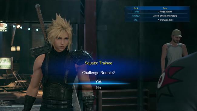 An iconic FF7 scene returns as Cloud hits the gym for a squats competition in quest 13.