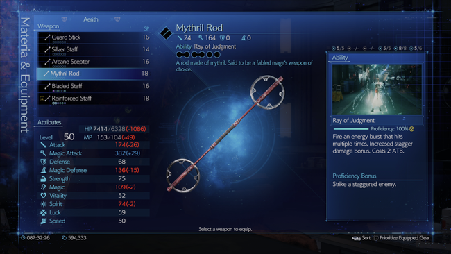 Every character has a mythril weapon, and for Aerith it's this snazzy, circular-ended rod.