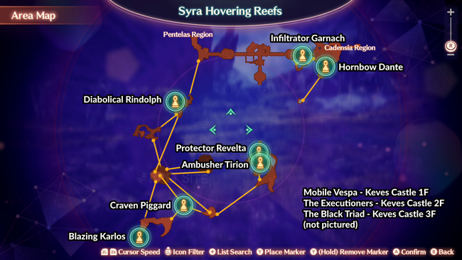 This map shows where to find unique monsters in Keves Castle in Xenoblade 3.