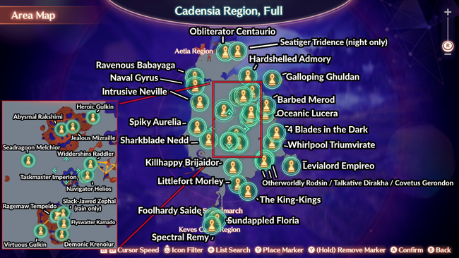 A map revealing the locations of every unique monster in the Cadensia region of Xenoblade 3.