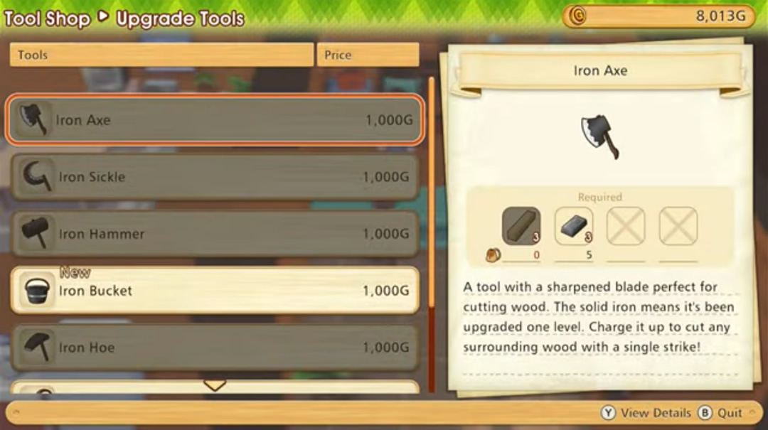 Story of Seasons Pioneers of Olive Town Tools tool list, unlocks